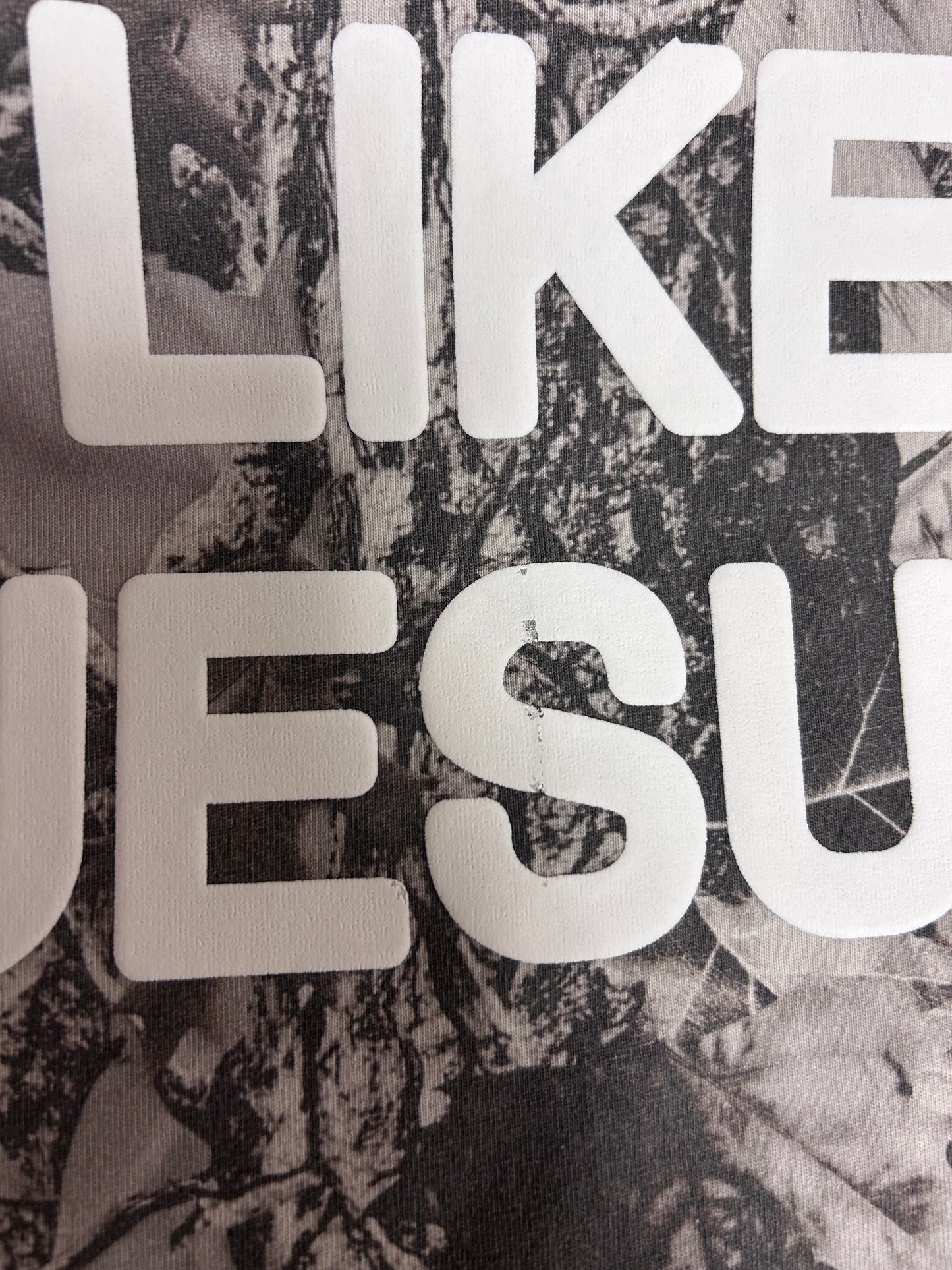 LOVE LIKE JESUS vintage grey wood camo, M whoopsie