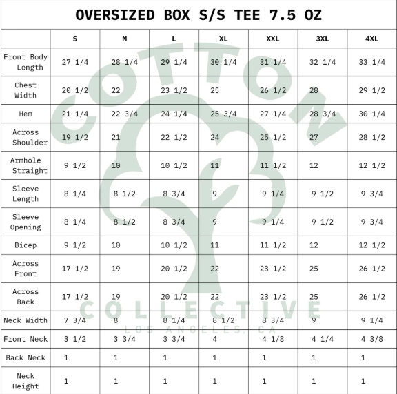 Size chart for cotton collective tshirts