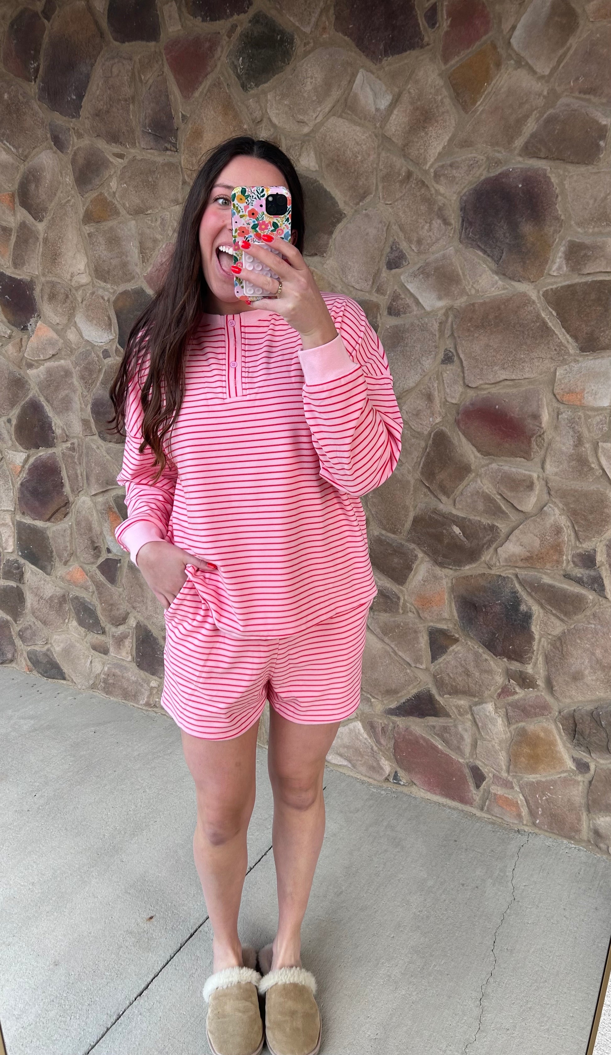 Pink pinstripe brushed knit pullover and shorts lounge set