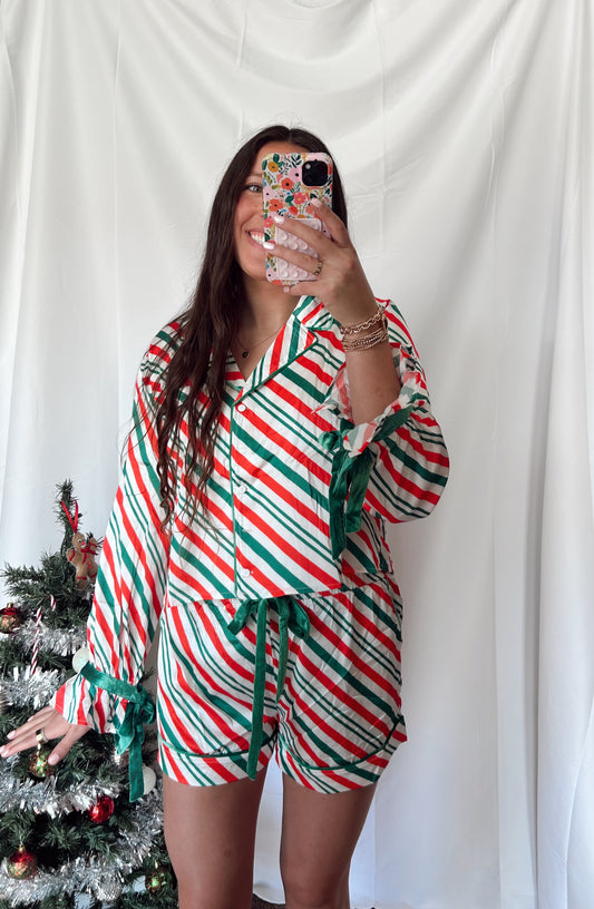 Candy Cane Striped PJ Set - green/red