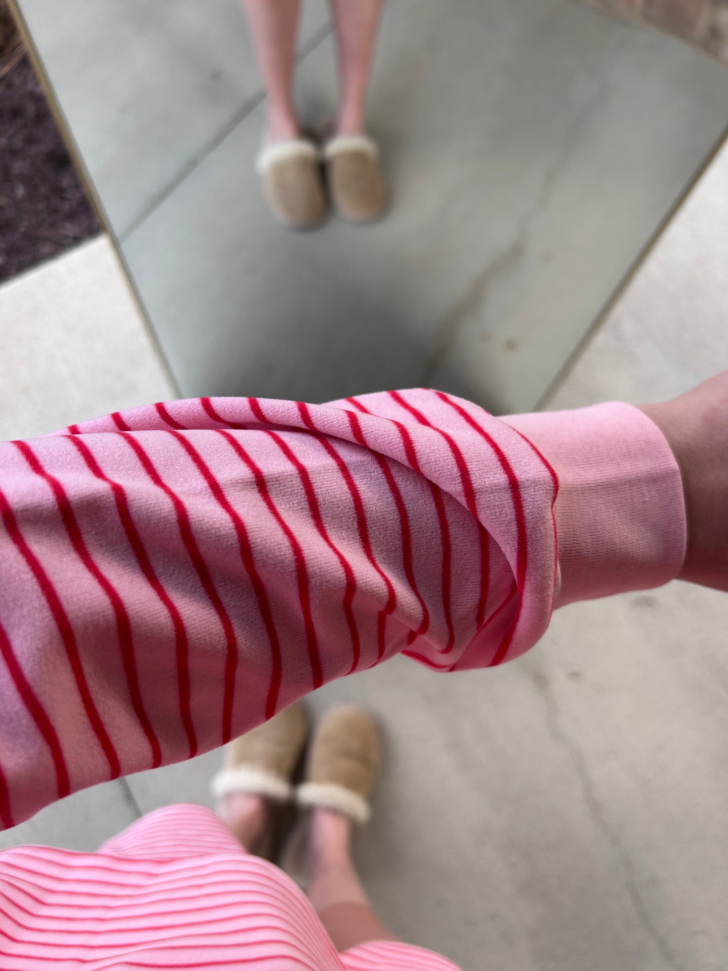 Pink pinstripe brushed knit pullover and shorts lounge set