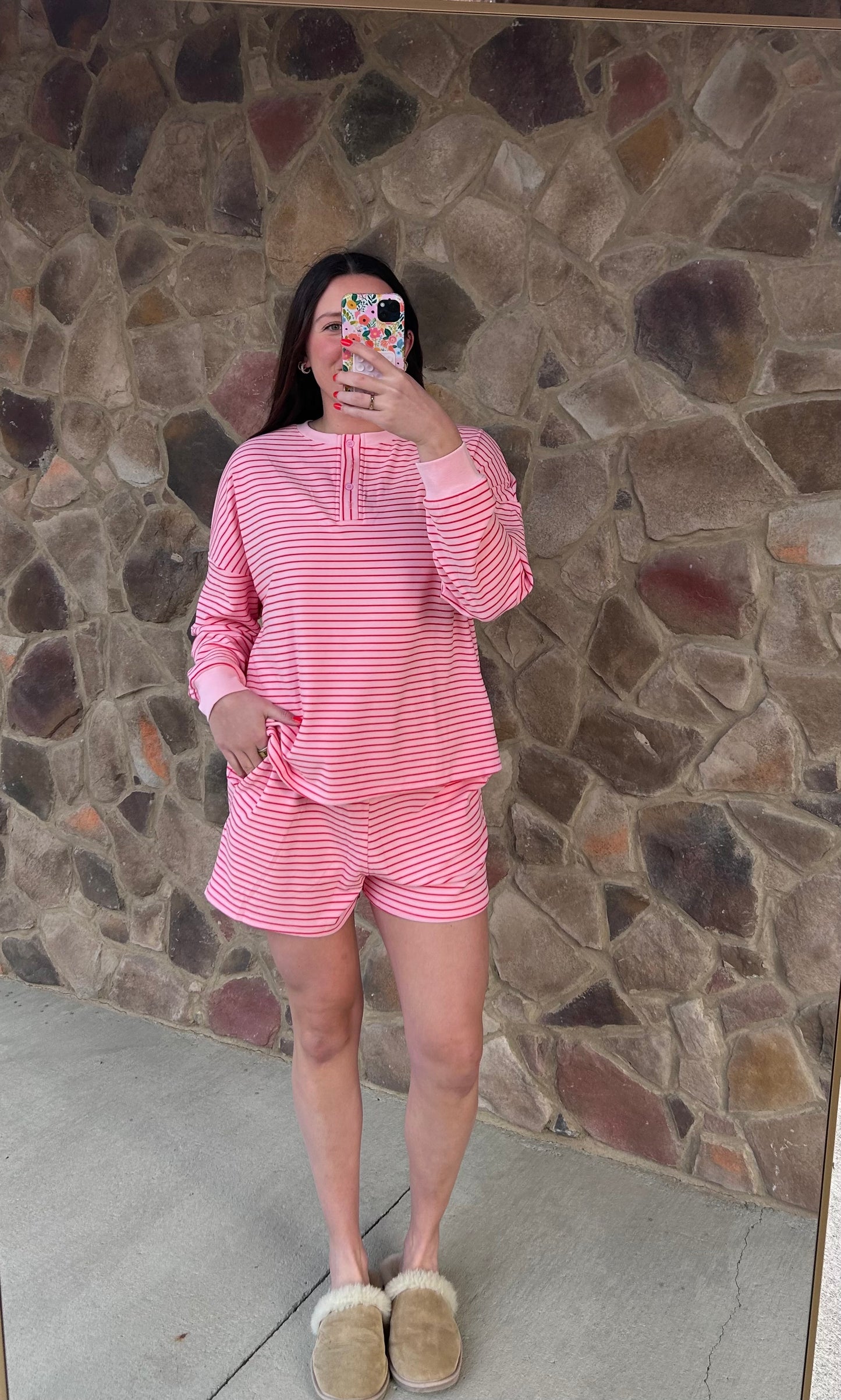Pink pinstripe brushed knit pullover and shorts lounge set