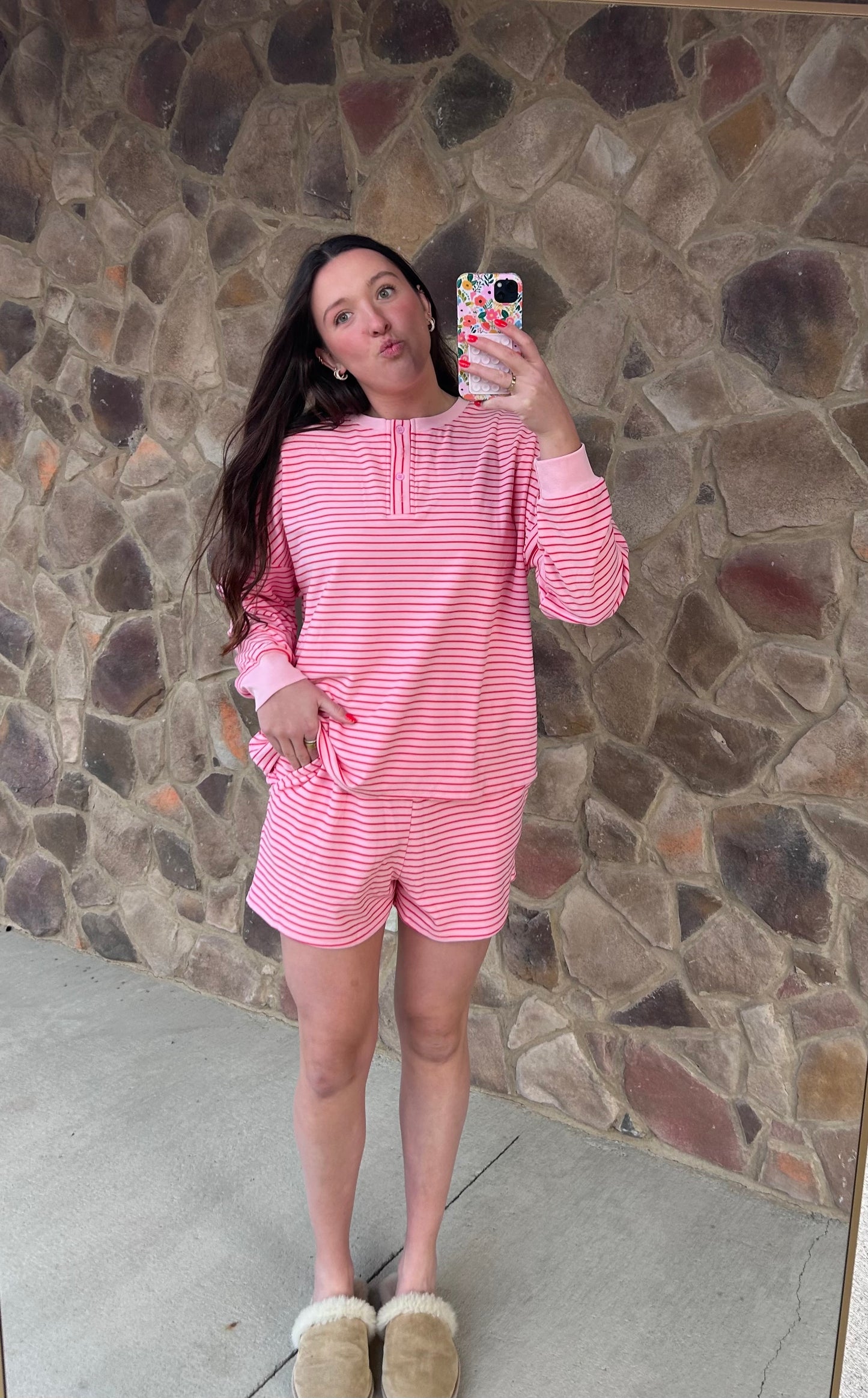 Pink pinstripe brushed knit pullover and shorts lounge set