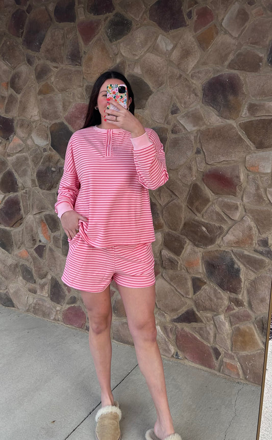 Pink pinstripe brushed knit pullover and shorts lounge set