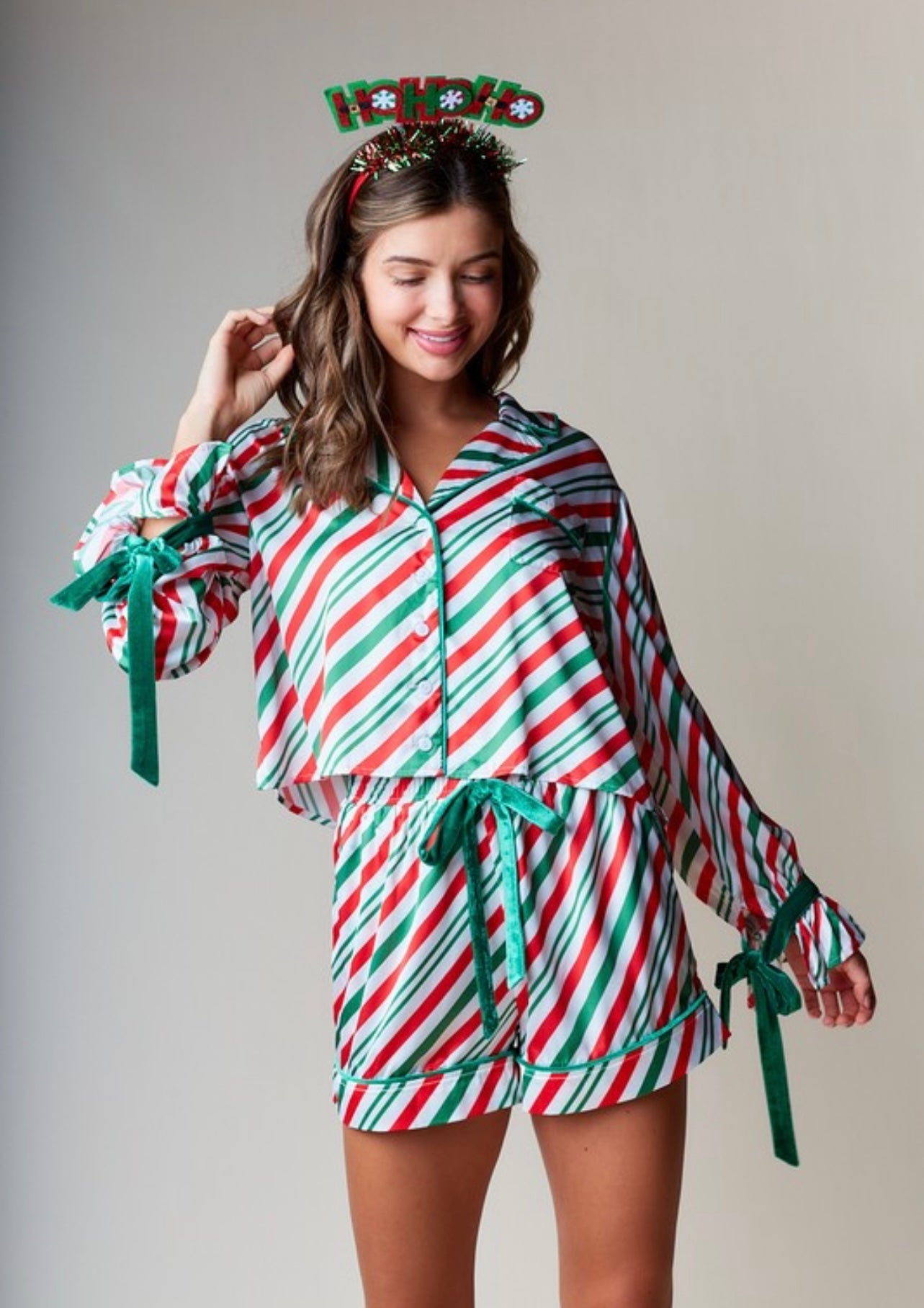 Candy Cane Striped PJ Set - green/red