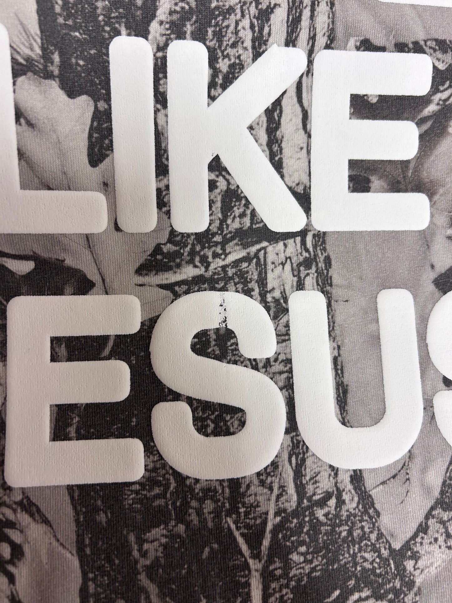 LOVE LIKE JESUS vintage grey wood camo, M whoopsie