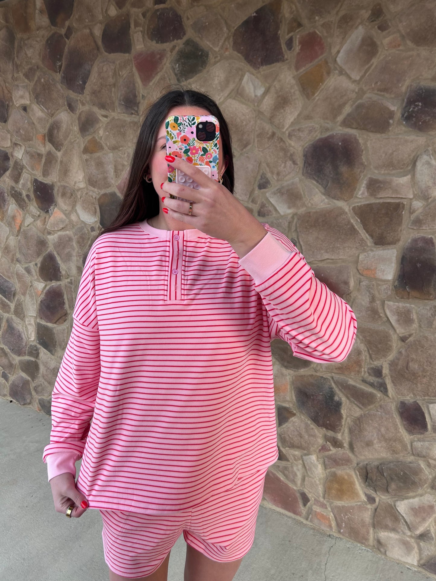 Pink pinstripe brushed knit pullover and shorts lounge set