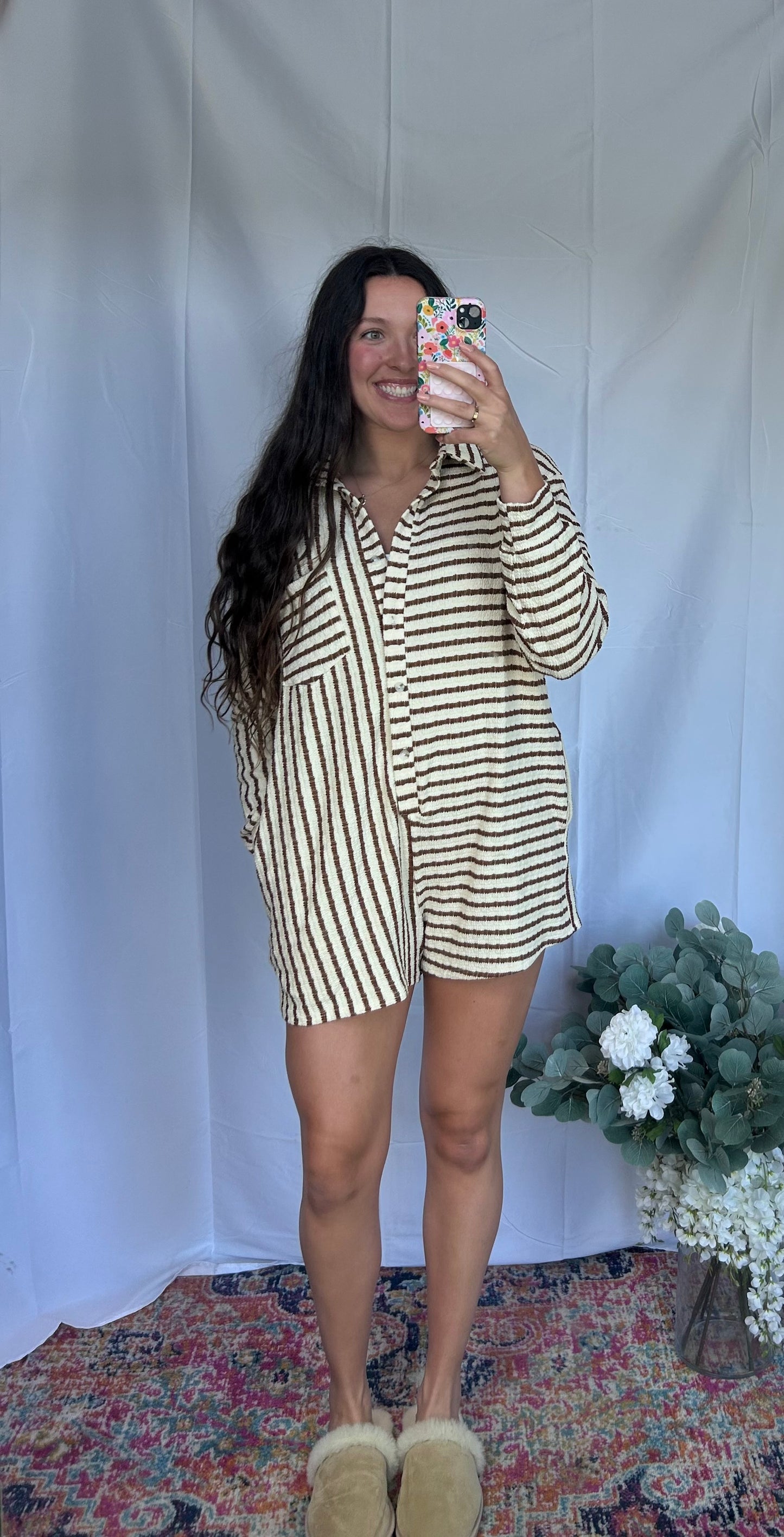 Oversized Striped Romper, Brown