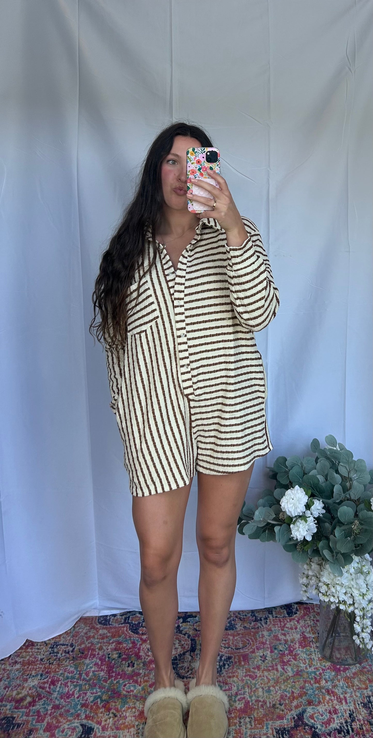 Oversized Striped Romper, Brown
