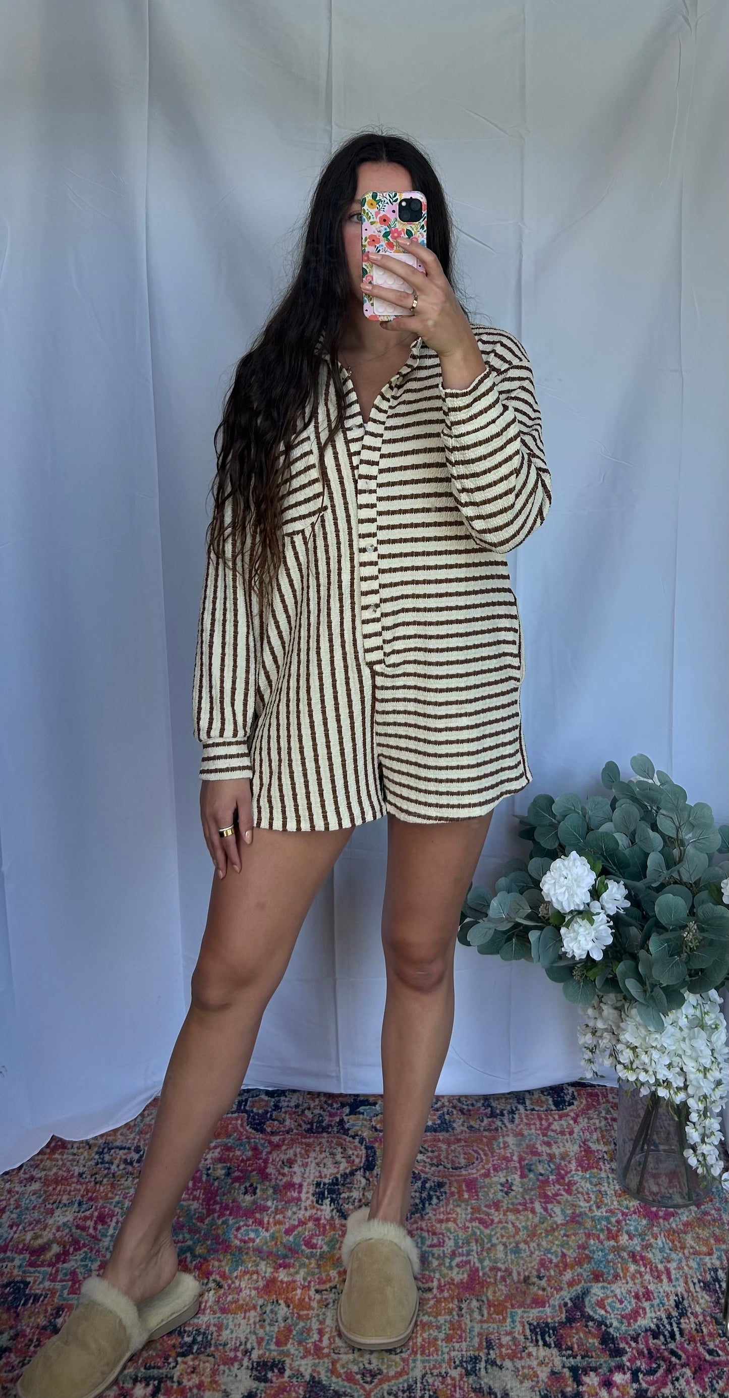Oversized Striped Romper, Brown